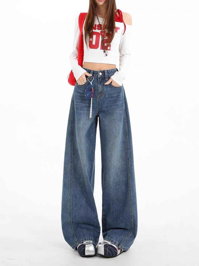 2026 Retro American Wide-Leg Curved Jeans: New Floor-Length Loose Straight-Leg Style for Spring & Autumn