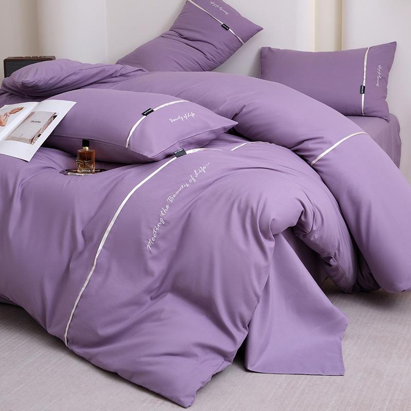 

new solid color embroidered ribbon double-spell skin-friendly washed cotton 4-piece set bed sheet and fitted sheet style 1.2m sheet 3pcs світло-фіолетового кольору