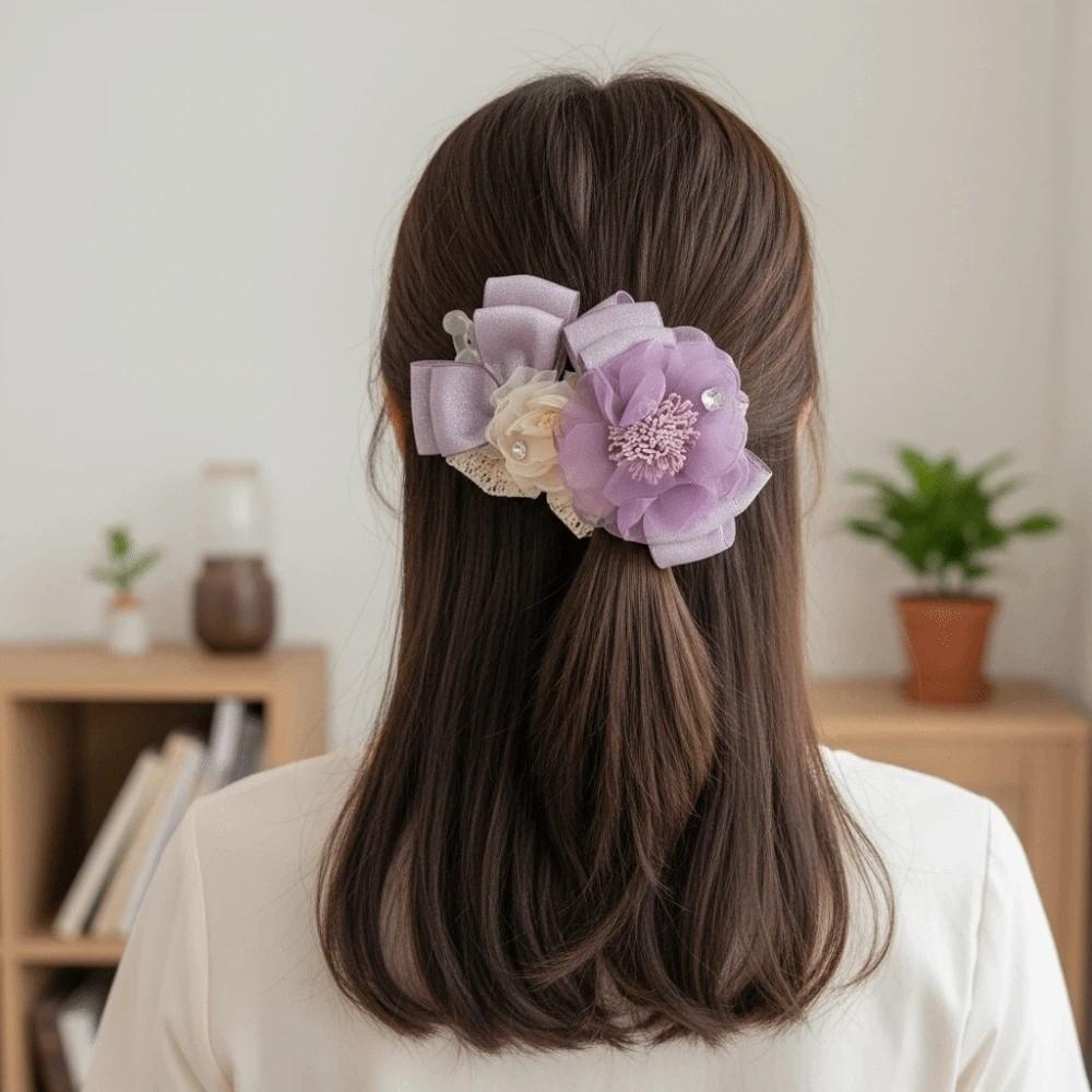 Elegant Flower Banana Clip Resin Women Ponytail Holder Shark Clip Purple Mesh Vertical Clip Party