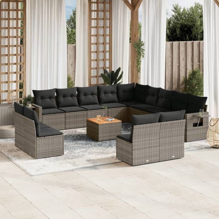 VidaXL Salon de Jardin avec Coussins 14 pcs, Canapés de Terrasse, Ensemble de Meubles de Patio, Mobilier d'Extérieur, Gris 3224821
