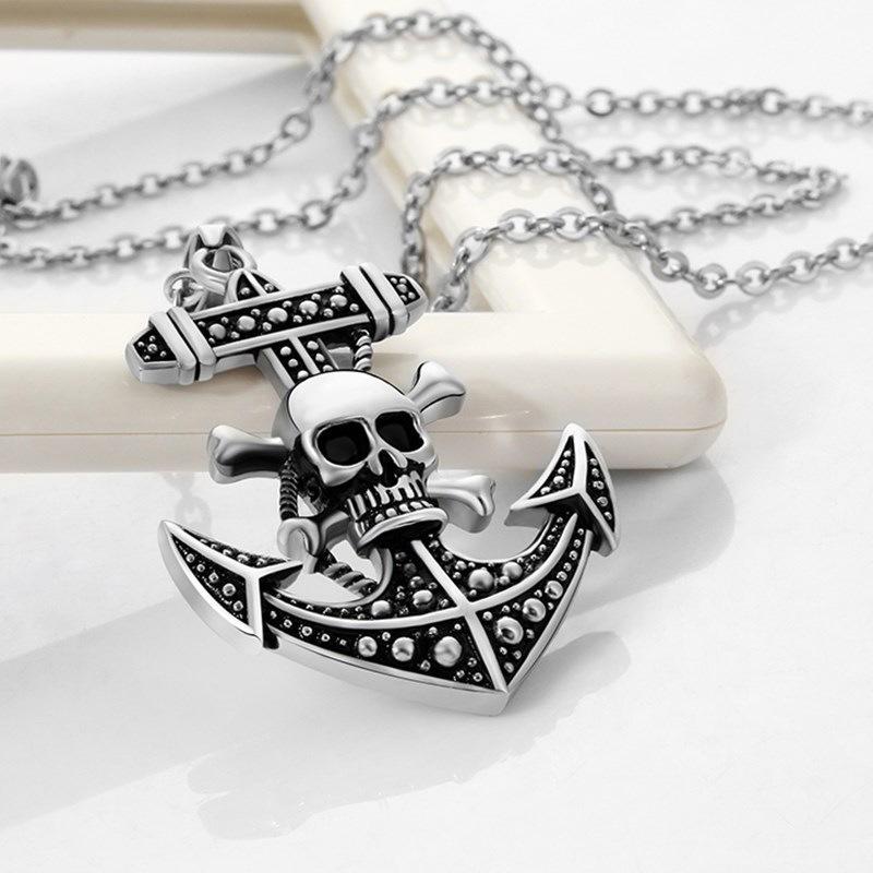 Men's Necklace, Skeleton Boat Anchor Pendant, Men's Hanging Jewelry Pendant, Steel Chain
