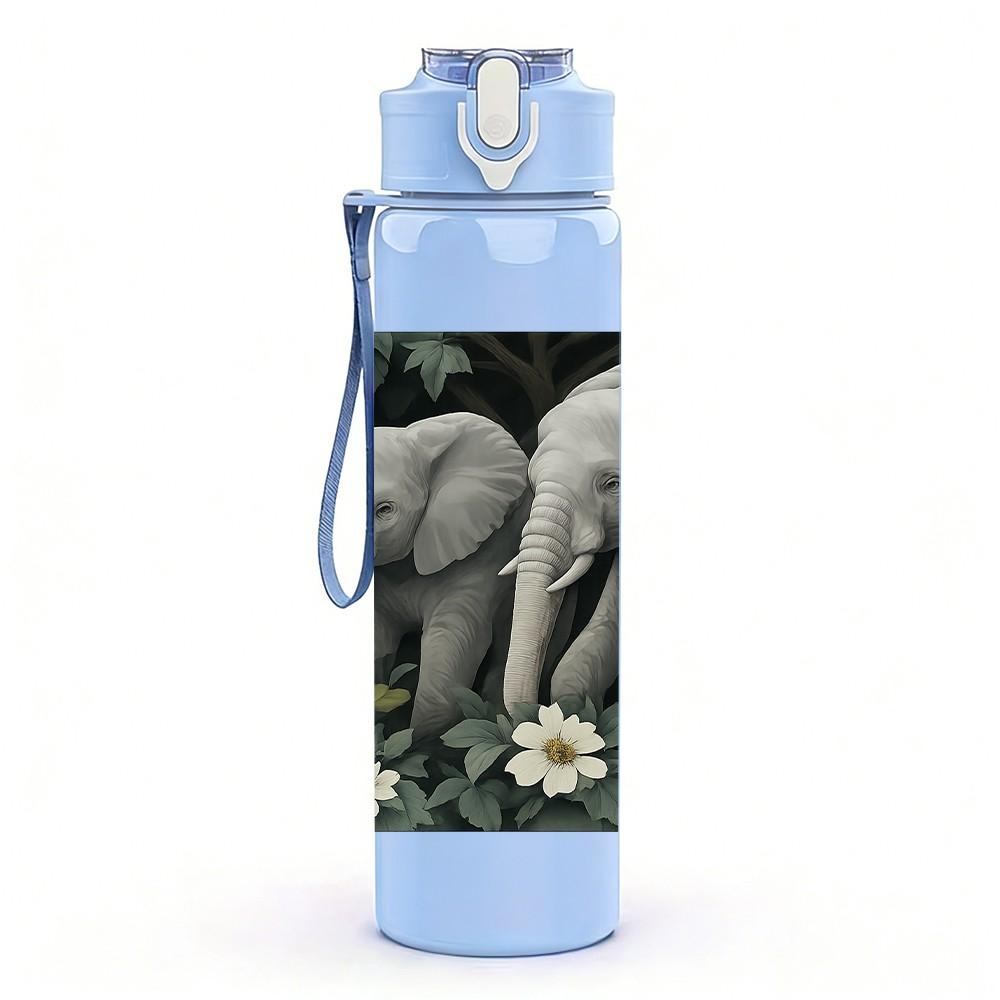 1PC Two Wild Elephant Watercolor Bust 750ml Color Plastic Sports Water Bottle Leakproof Flip Straw Lid For Sports Office Home Use
