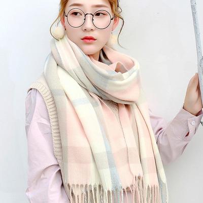 Růžový kostkovaný šál v japonském stylu s třásněmi - Dámská elegantní zimní šála