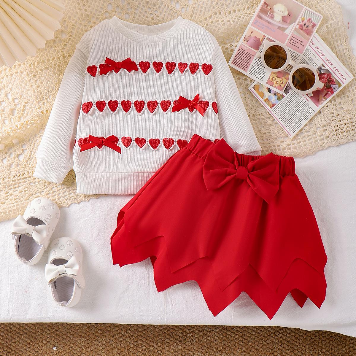 

European and American Girls White Long-Sleeve Top with Red Skirt Set 12-18 Months