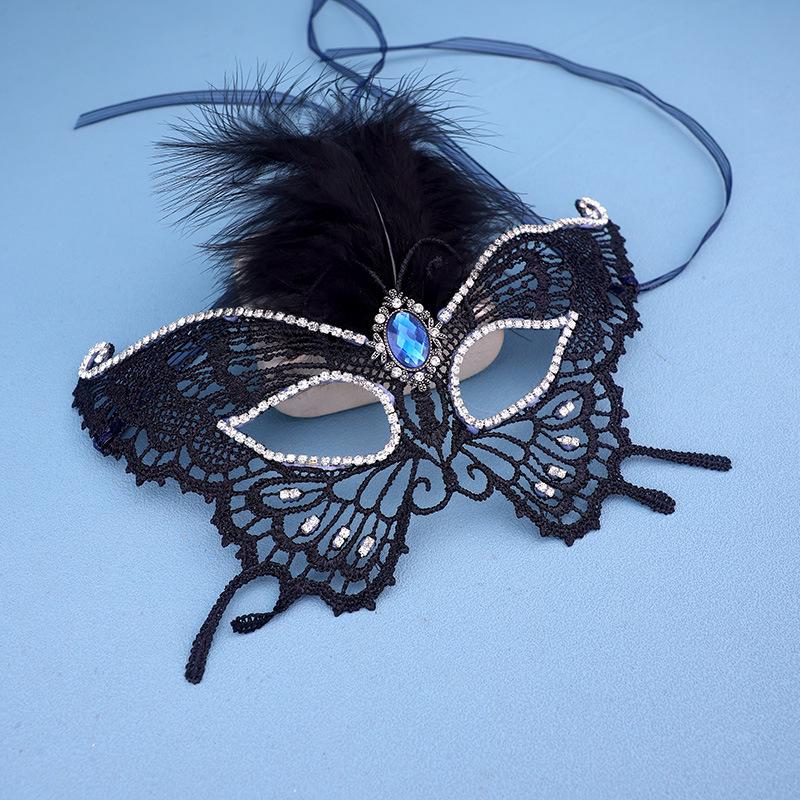 Damen Halloween Schwarze Spitze Maskenball Maske mit Feder Halsketten-Accessoire