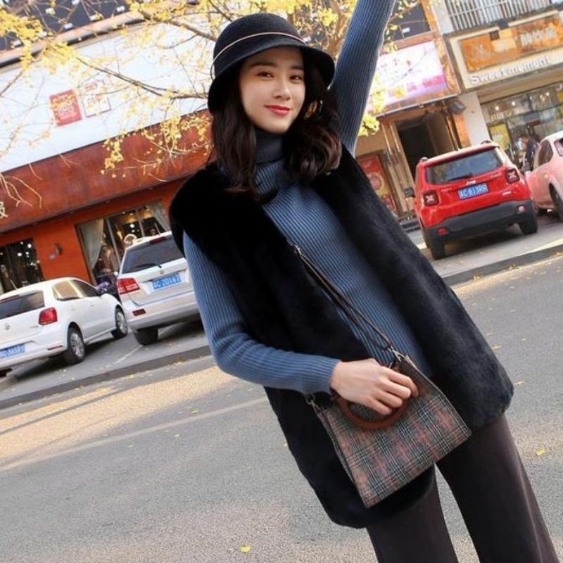 

Жилет из искусственного меха средней и длинной длины, плюшевый жилет из искусственного кролика, утолщенный пушистый жилет-куртка, женские новые осенне-зимние модели XL 110-59.5 kg чёрный