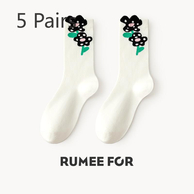 5 Pairs of Female Spring and Autumn Deodorant Sweat Absorbing Cute Preppy Cartoon Tube Cotton Socks