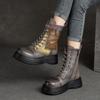 Thick Sole Women Boots Genuine Leather Retro Round Toe Side Zipper Mixed Colors Platform Shoes