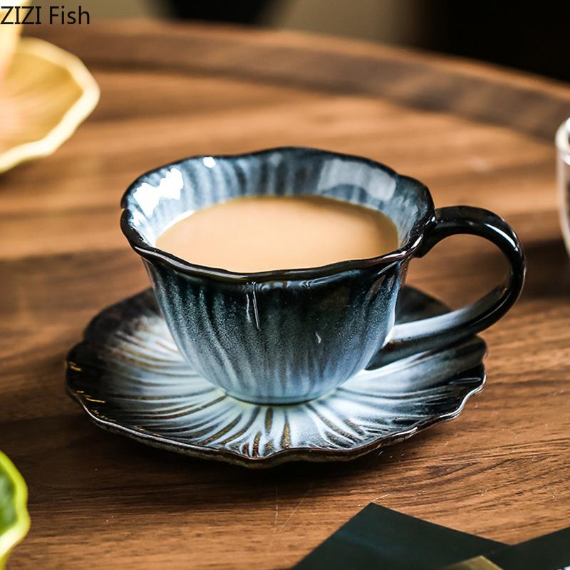 Gradient Painted Ceramic Cup&saucer Flower Edge Cups Dining Table Coffee Mug Milk Cup Afternoon Tea Teacup Fruit Juice Container