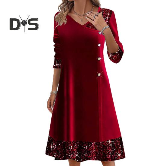 Fall Winter Women Dress Shiny Sequin Patchwork V Neck A Line Big Swing Long Sleeve Button Decor Solid Color Soft Warm Mid Calf Length Lady Midi Dress