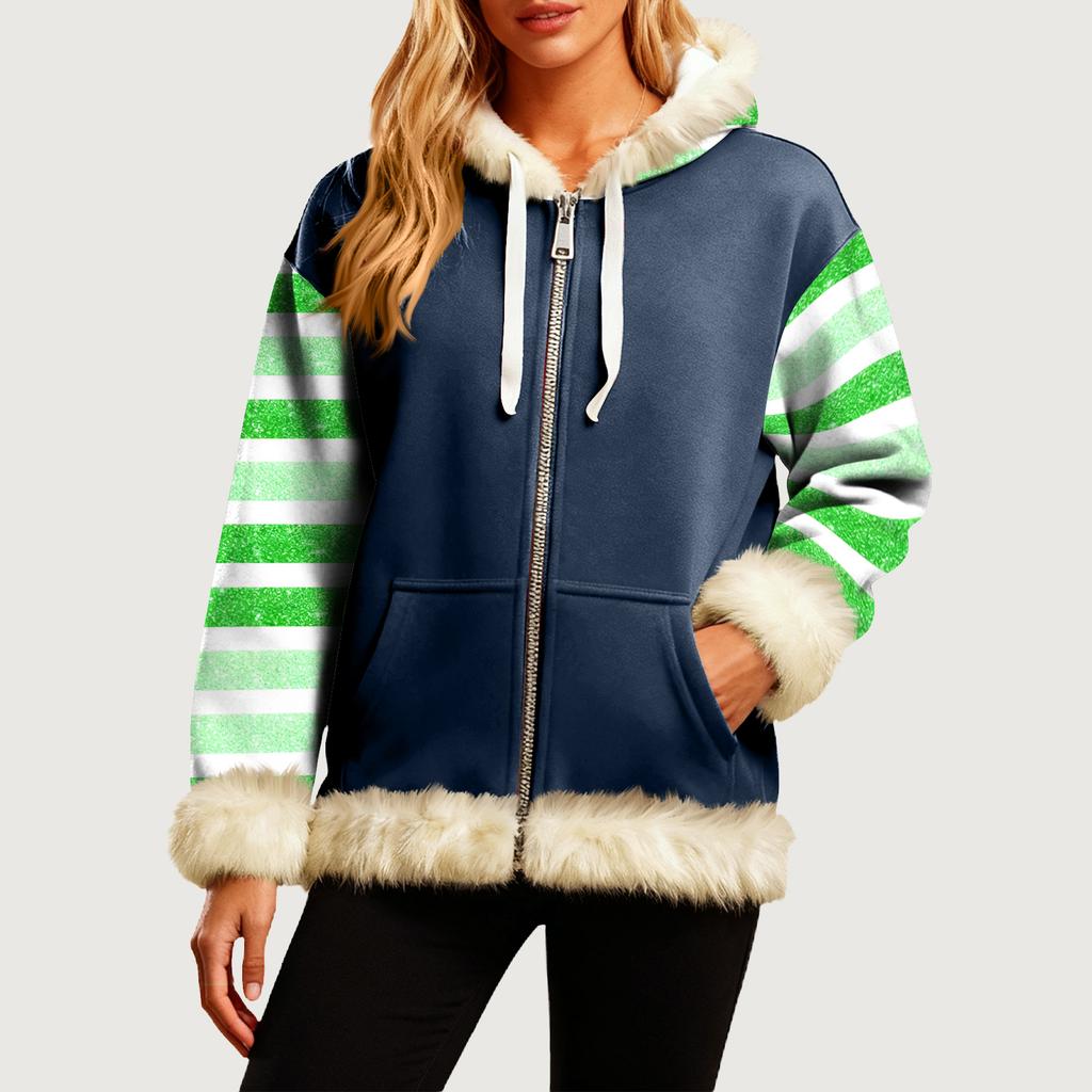 Women's Comfortable Loose Fashion Casual Striped Print Long Sleeve Pockets Hooded Sweatshirt Jacket