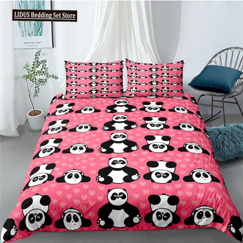 Panda Duvet Cover Set Cartoon Style Cute Kawaii Bear Drawing Comforter Cover For Kids Polyester Bedding Set King Queen Full Size