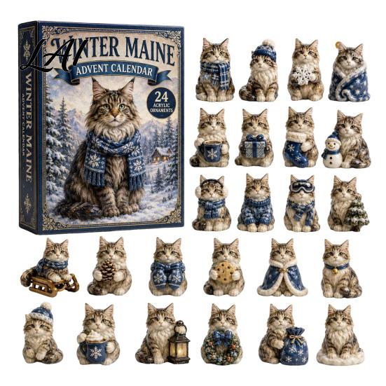 Holiday Decoration for Kids Christmas Cat Advent Calendar 24 Day Countdown with Cute Ornaments Gifts Children 2D Acrylic Kitty Decorations,