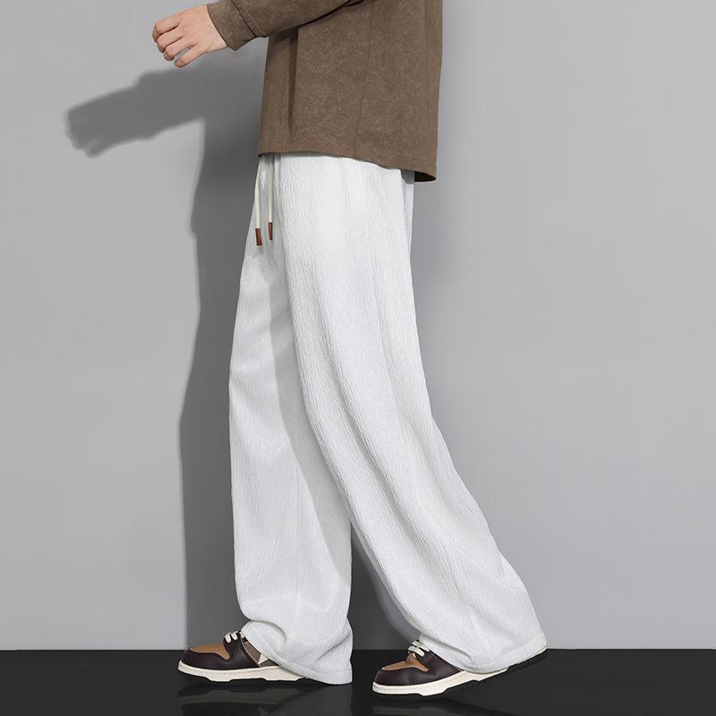 Men's White Textured Wide Leg Pants - Drawstring Waist Lightweight Casual Streetwear Trousers
