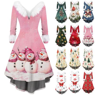 Women's Fashion V-neck Casual Fit Christmas Print Party Long Sleeve Dress