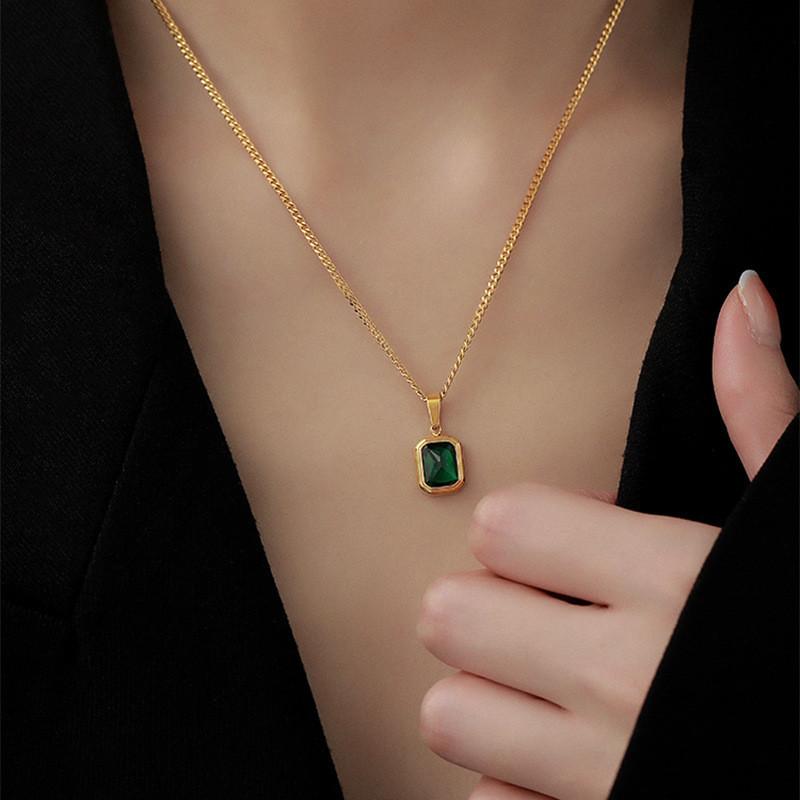 Mode Retro Quadratischer Grüner Zirkon Anhänger Halsketten Für Frauen Charm Halskette Mädchen Hochzeit Verlobung Schmuck Geschenk