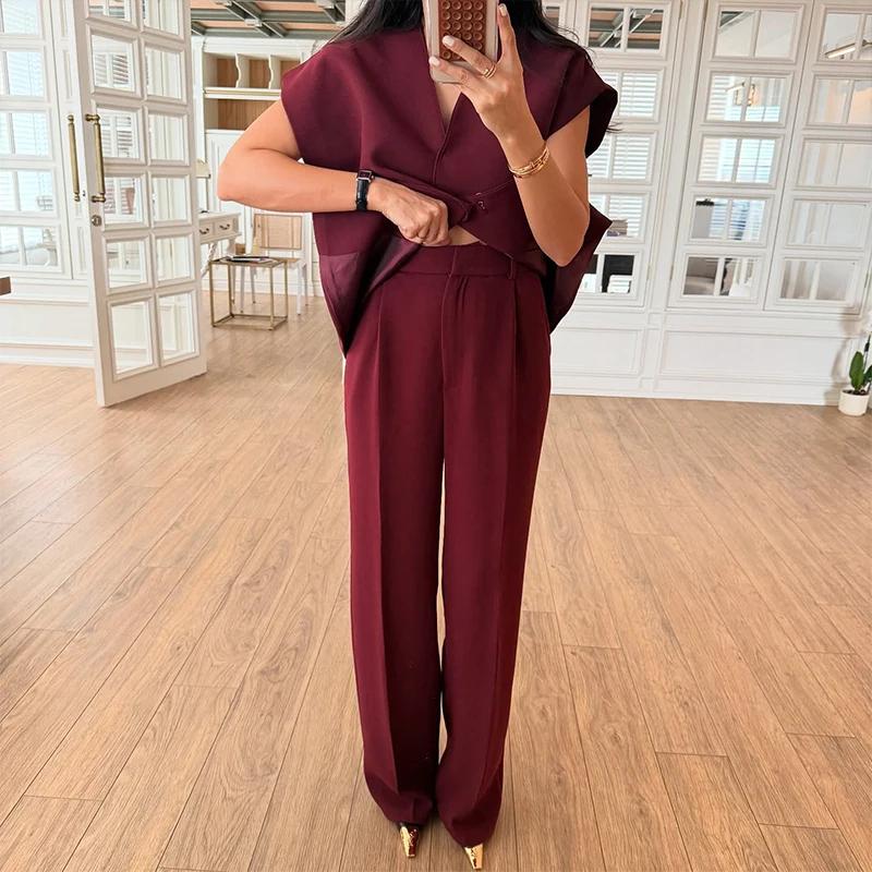 Casual 2 Piece Pants Sets Women Solid One Button Blazer Zippers High Waist Pleat Wide Trousers 2025 Spring Summer Lady Outfits