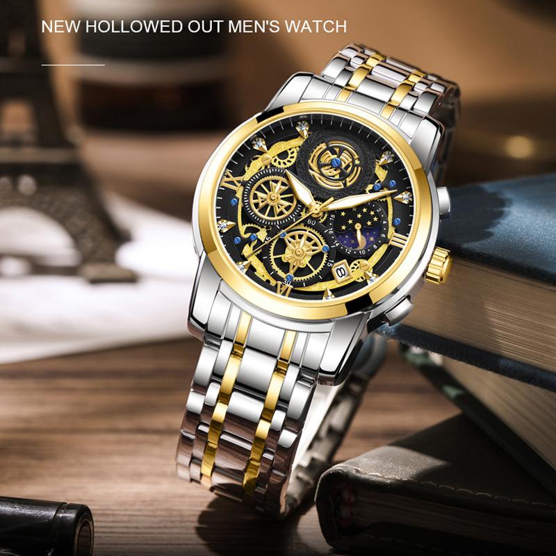 ABORNI New Casual Sport Chronograph Men's Watches Stainless Steel Band Wristwatch Luminous Pointers Fashion Quartz Clock
