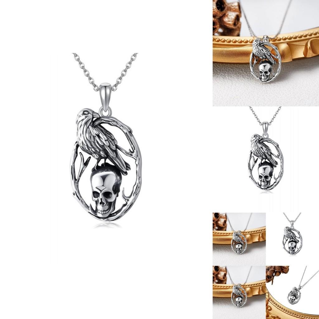 Halloween Skull Pendant Necklace With Crow Shape Design For Gothic Fashion Enthusiasts