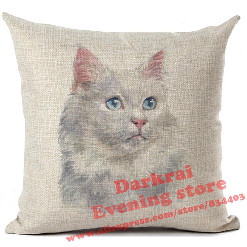 Cushion Cover Watercolor Cute Cat Printed Linen Pillow Cover Car Sofa Decorative Throw Pillows Home Decoration Pillowcase