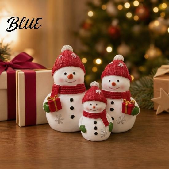 Mini Snowman Figurine Christmas Resin Figurine Cute Family of 3 Statue with Santa Unique Presents Hat Red Scarf Holiday Tabletop Ornament