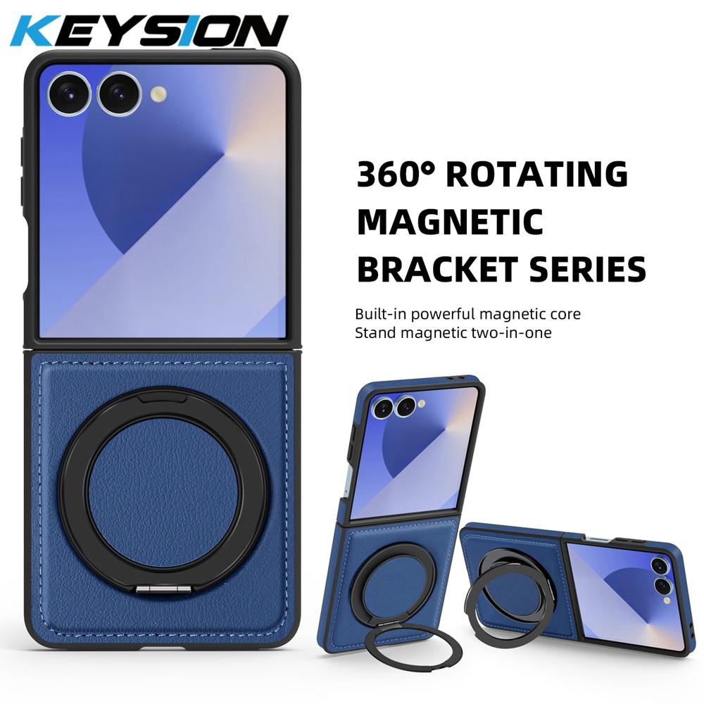 KEYSION 360° Rotating Magnetic Ring Stand PU Leather Case for MagSafe for Samsung Z Flip 7 5G 7 SE Wireless Charging Phone Cover