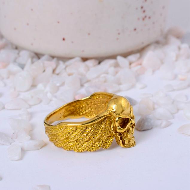 Winged Skull Gold Plated Statement Ring | Biker Gothic Brass Jewelry for Men & Women | Punk Rock Gift