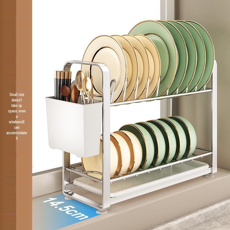 Compact Double-Layer Stainless Steel Dish Rack for Kitchen Countertop
