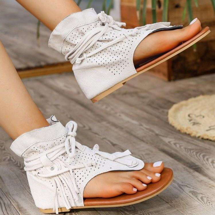 Women's Sandals European American Retro Flat Bottom Tassel Hollow Toe Womens Sandals Fashion High-top Cool Boots Sandalias Mujer