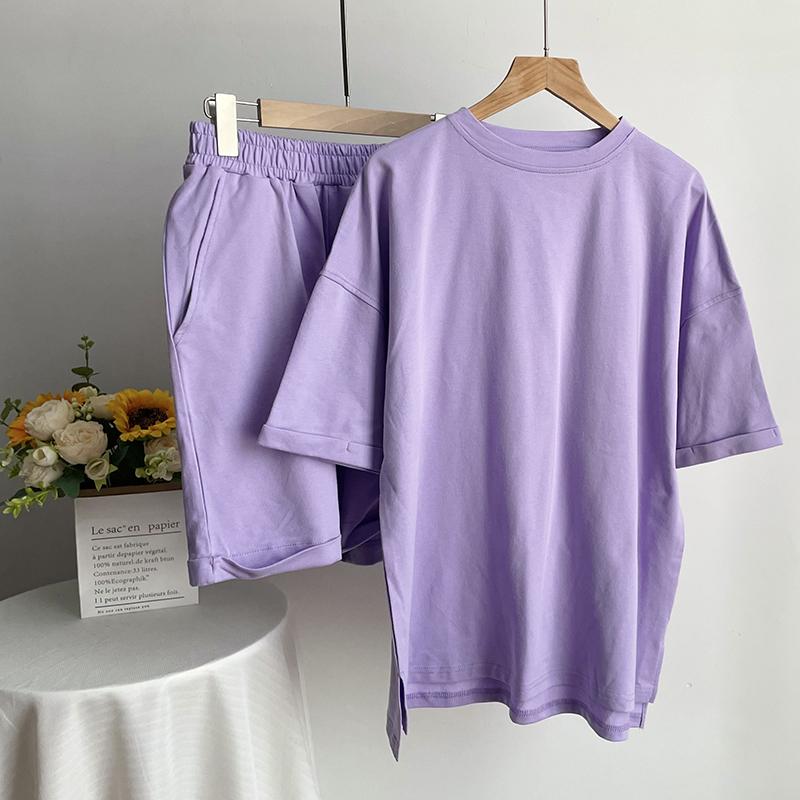 

Hirsionsan летние комплекты из 100% хлопка, женские повседневные комплекты из двух предметов, футболки с короткими рукавами и шорты с высокой талией, брюки, спортивный костюм 2023 L фиолетовый