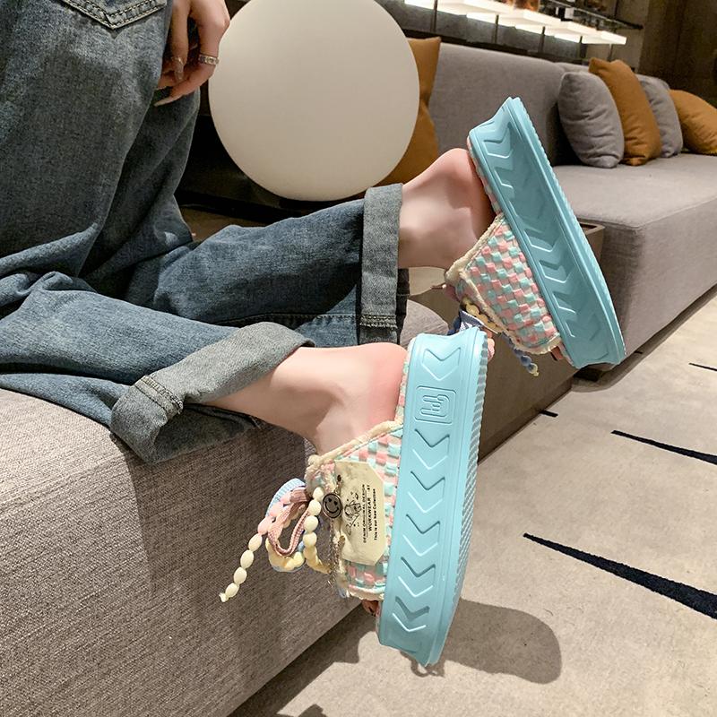 Fashion 6cm Cute Kawaii Fashion Graffiti Slippers Women's Thick Soles Raised Canvas Line Drag for Women's Trendy Muffins  External Wear