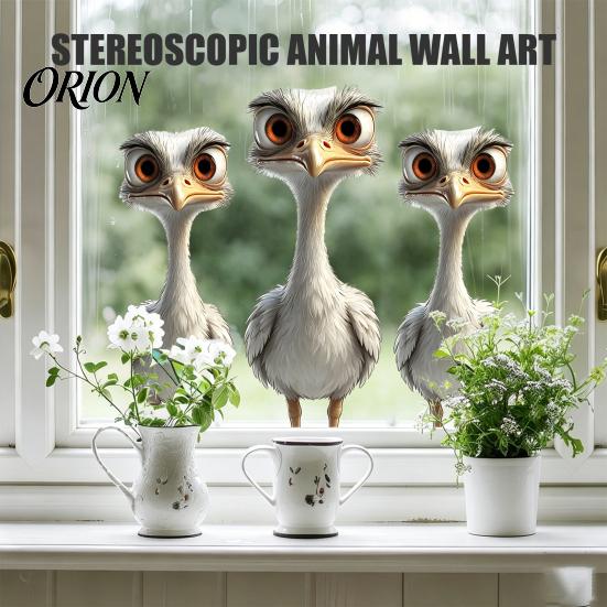 Stereoscopic Animal Wall Art Cute Ostrich Static Window Clings, 3D Break Through Decals, No Easy to Apply Graphics Glue PVC Stickers for Kids Bedroom
