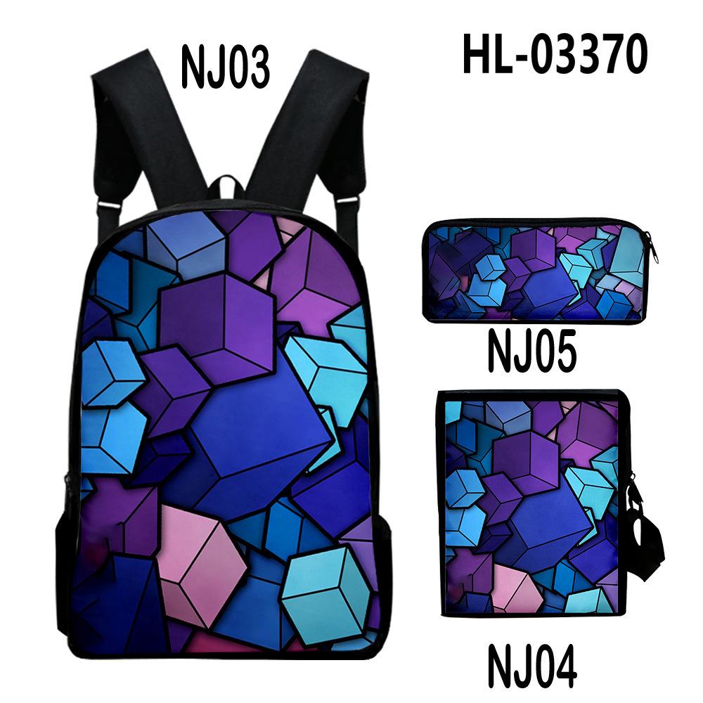 Classic Novelty Creative color blocking 3D Print 3pcs/Set School Bags Laptop Daypack Backpack Inclined shoulder bag Pencil Case