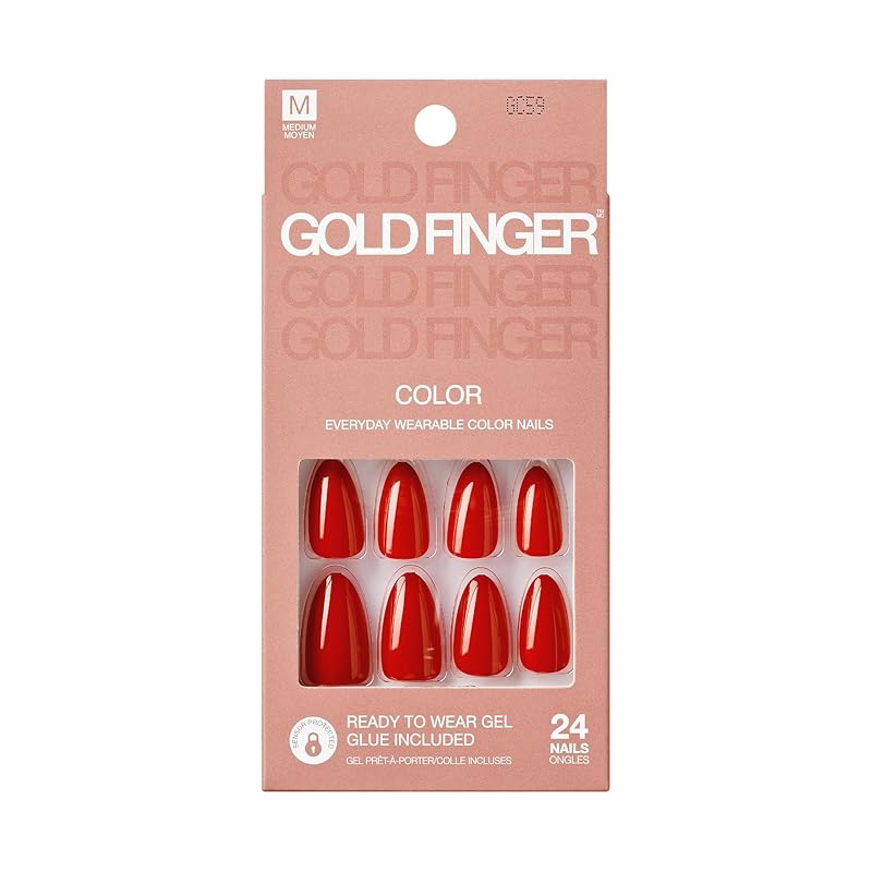 

GoldFinger False Nails Kit, Ready to Wear Natural Pink Fake Nails, Manicure Stick and Glue Included, Medium Squavol Shape, Long-Lasting Hottest Trend яскраво-червоний