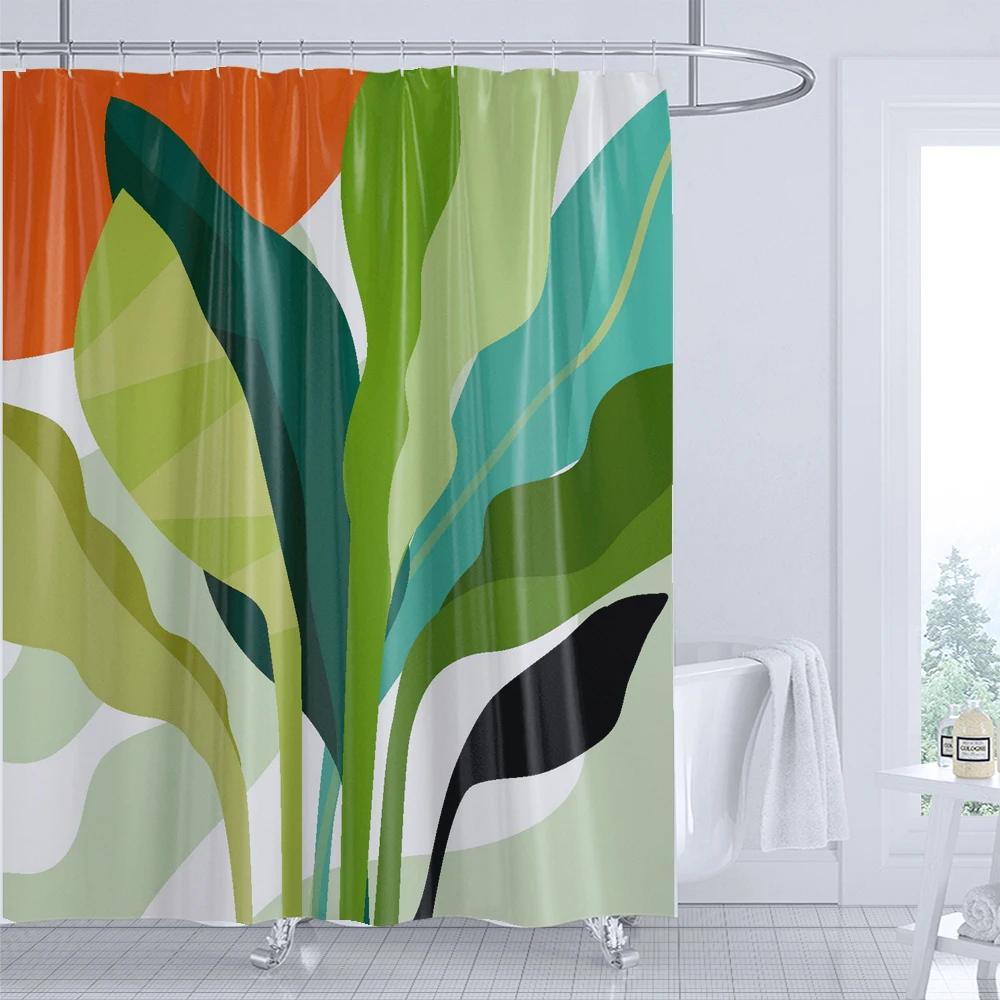 Green Leaf Art Abstract Plants Shower Curtain Print Modern Nordic Minimalist Polyster Home Decor Bathroom Curtain with Hooks