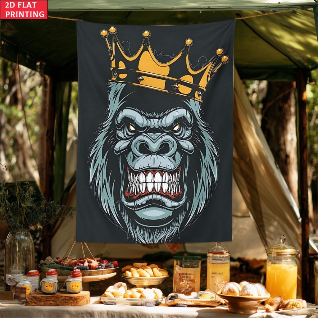 King Gorilla Crown Tapestry Wall Art Wild Animal Poster Hip Hop Street Style Bedroom Living Room Decor Bold Graphic Print 2D