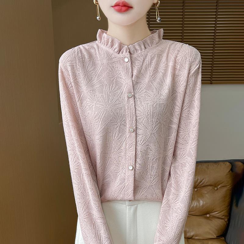 

Свитер женский вязаный с воротником-стойкой и фестончатым краем, весенне-осенний, рубашка-свитер, топ, тренд XXXL