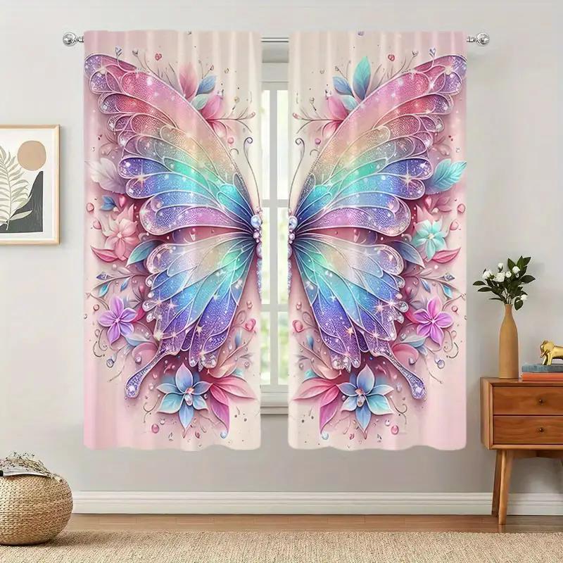 2PCS- Elegant Colorful Butterfly-printed Curtains   Pole Bag Curtains   Bedroom and Living Room   Home Decoration   Room Decoration