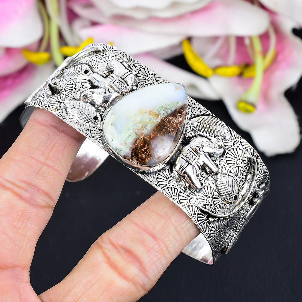 Chrysoprase Gemstone Handmade 925 Sterling Silver Cuff Bangle Adjustable KG-1871