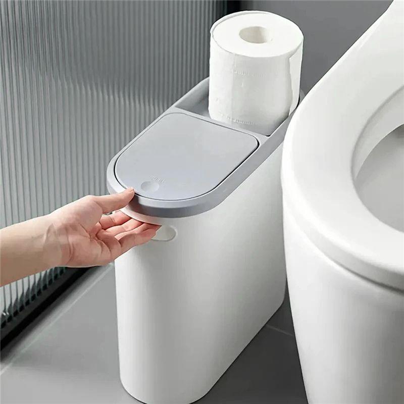 Guter-Schlanker Kunststoff-Mülleimer mit Deckel Platzsparender Behälter für Küche Wohnzimmer, Druckdeckel Große Kapazität Stilvoller Abfallkorb