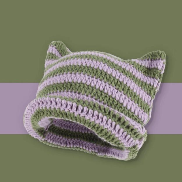 Y2K Women's Christmas Red Green Slouchy Beanies Crochet Acrylic Cotton Cap 3D Embroidered Demon Devil Cat Fox Ear Knitted Stripe