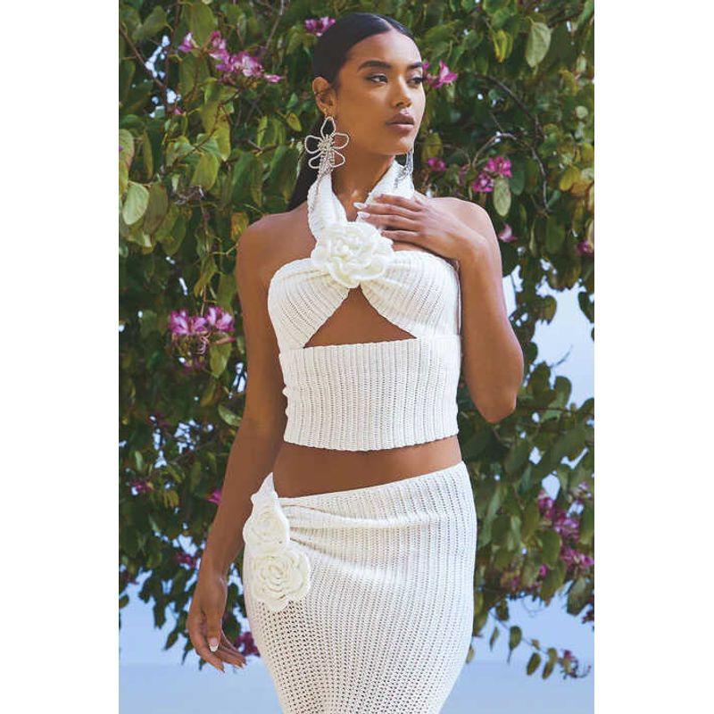

Beach Suit Flower Vest Skirt Travel Photography Two-piece Set Sexy Beach Bikinis Knitting Suit White L