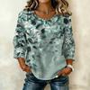 Women's Casual Floral Print Round Neck Three Quarter Sleeve Linen Cotton Blouse Lightweight Loose Fit Top for Everyday Wear