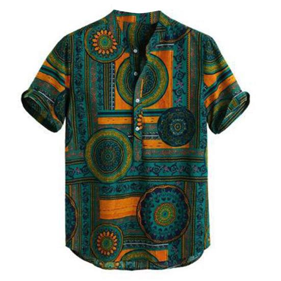 Summer Men Color Block Ethnic Geometry Print Short Sleeve Buttons Pullover Shirt