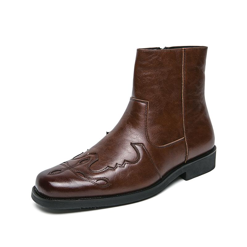 High Quality Casual Leather Boots Men Western Cowboy Leather Shoes Male Fashion Men's High Top British Outdoor Boots Shoes Male