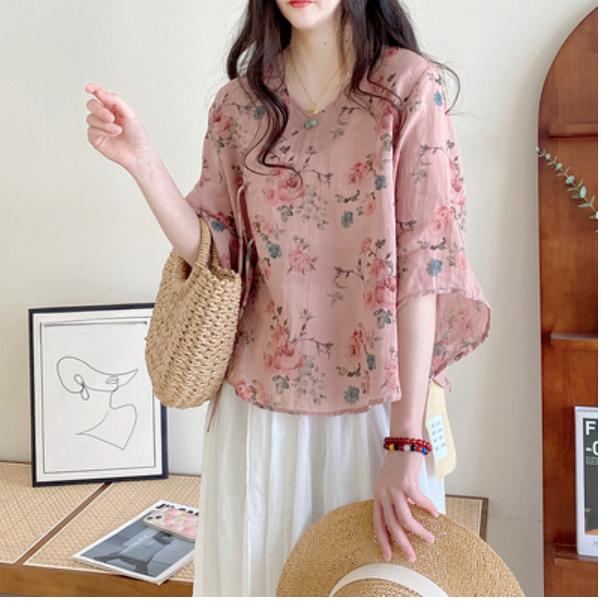 Summer Floral Blouse V Neck Retro Loose Fit Boho Chic Shirt Casual Women Top