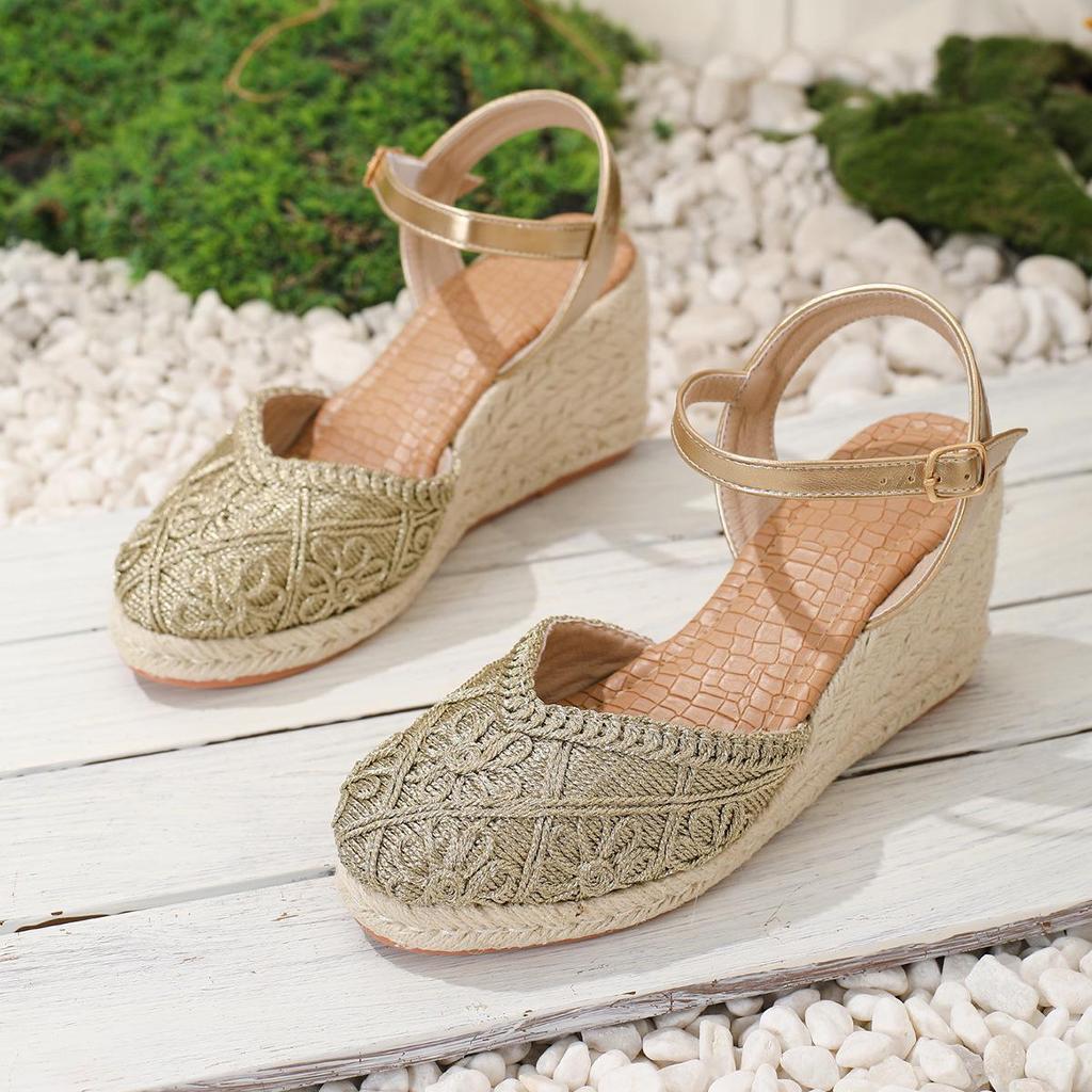 2026 Women's Hand-Woven Closed-Toe Wedge Sandals – Breathable, Comfortable High Heels