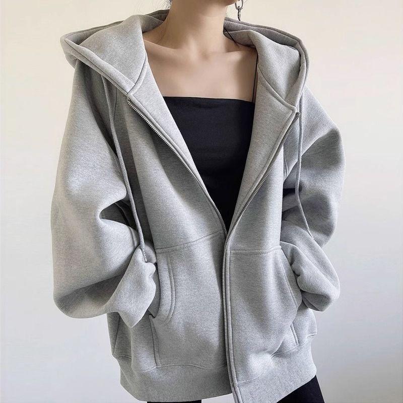 Women's Autumn/Winter Plus Velvet Zipper Cardigan Hoodie - Thick, American-Style, Loose Fit, Slimming Top