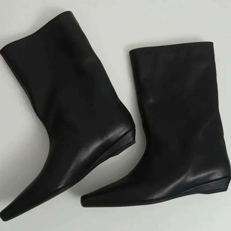 Long Women Boots Leather Small Square Head Wedge Mid Tube Boots Women's 2025 New Versatile Loose Tube Short Boots Woman