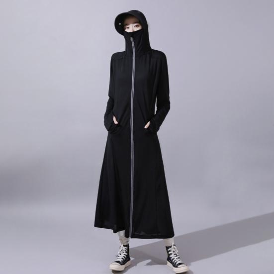 Langer Damen-Sonnenschutzmantel mit Kapuze, lange Ärmel, Anti-UV-Sonnenschutz, weich, atmungsaktiv, dünn, Eisseide, Reißverschluss, lockere Schweißabsorption